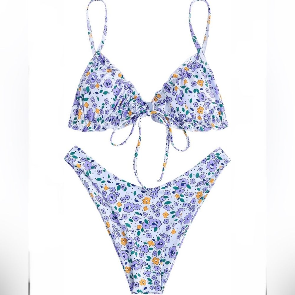 NEW Womens Zaful Floral Print Bikini Swimsuit Set High Cut Size S Purple Flowers